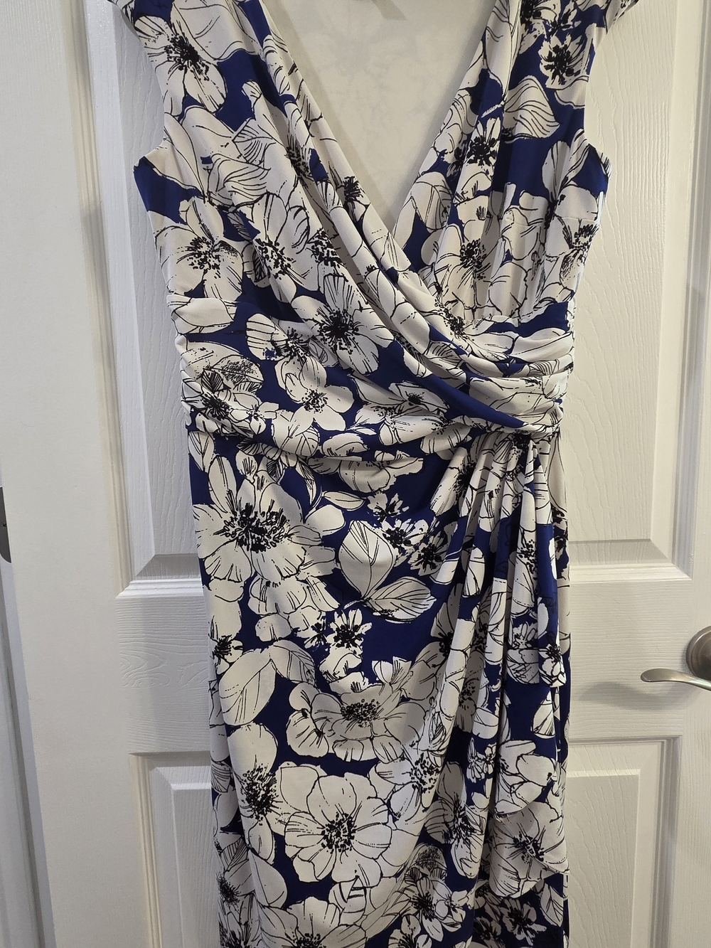 Chaps Navy and White Floral Surplice Dress